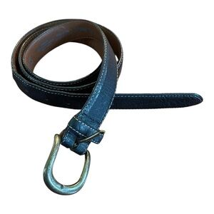 LL Bean Men’s Belt Size 46 Black Leather Silver Tone Buckle Contrast Stitching